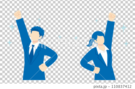 穿著藍色西裝的男人和女人舉起拳頭 穿著藍色西裝的男人和女人舉起拳頭 110837412