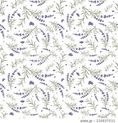 Seamless pattern of lavender branches and flowers. Design of packaging, bed linen, textiles  110837531