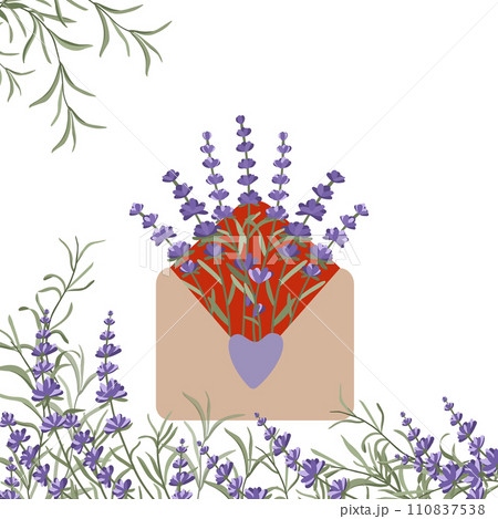 Vintage open light brown envelope with hand drawn lavender flowers and heart. Thank you card Vintage open light brown envelope with hand drawn lavender flowers and heart. Thank you card 110837538