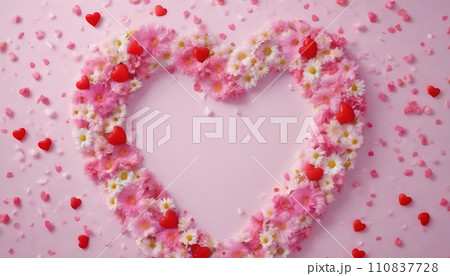Valentine's Day background with hearts and flowers on pink background. Generative AI 110837728