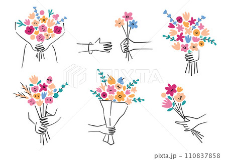 Hands with flower bouquets, flowers hand drawn collection, vector illustrations of floral arrangements in human hands, presents for birthday, Valentines Day, Mothers Day, gift for Womens Day Hands with flower bouquets, flowers hand drawn collection, vector illustrations of floral arrangements in human hands, presents for birthday, Valentines Day, Mothers Day, gift for Womens Day 110837858