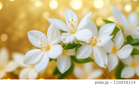 White jasmine flowers on golden bokeh background. Generative AI 110838114