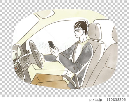 A man driving a car while looking at his smartphone 110838296
