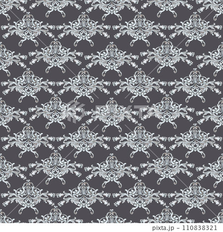 Hand drawn watercolor vintage ornament seamless pattern. Baroque illustration isolated on grey background. Can be used for textile, fabric and other printed products. 110838321