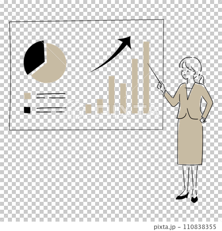 A young female office worker giving a presentation while pointing at a stylish graph A young female office worker giving a presentation while pointing at a stylish graph 110838355