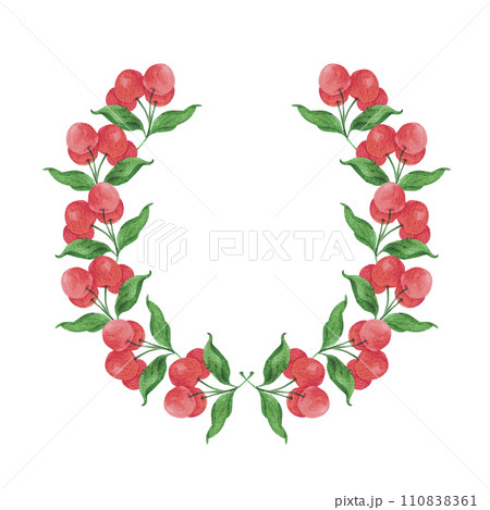 Hand drawn watercolor cherry with green leaves wreath border isolated on white background. Can be used for cards, label and other printed products. Hand drawn watercolor cherry with green leaves wreath border isolated on white background. Can be used for cards, label and other printed products. 110838361