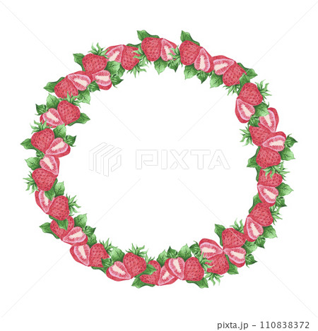 Hand drawn watercolor strawberry wreath border isolated on white background. Can be used for cards, label and other printed products. 110838372