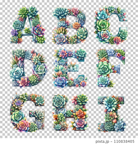 Beautiful Alphabet decorated with succulents. Watercolor illustration. 110838405