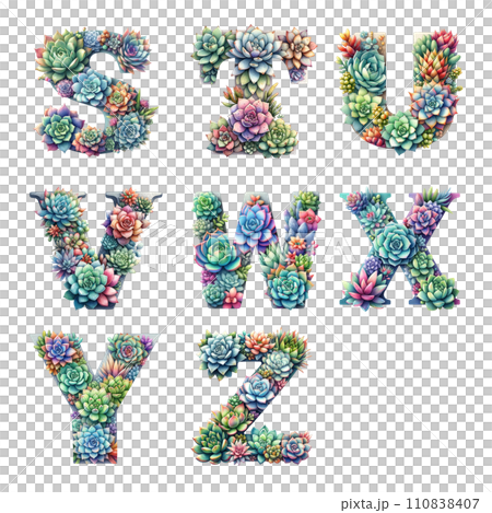 Beautiful Alphabet decorated with succulents. Watercolor illustration. 110838407