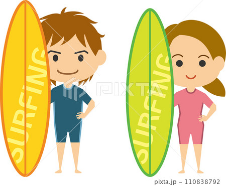 サーフボードを持っている若い男性と女性のイラスト 110838792