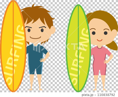 サーフボードを持っている若い男性と女性のイラスト 110838792