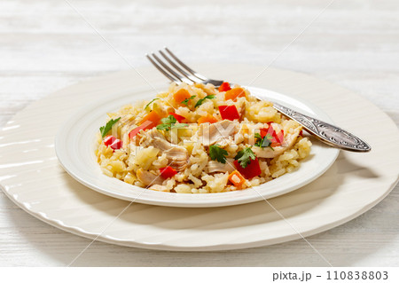 Chicken Fried Rice with vegetables in white bowl 110838803