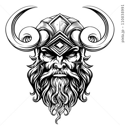 Viking Warrior Man Strong Mascot Face in Helmet Viking Warrior Man Strong Mascot Face in Helmet 110838991