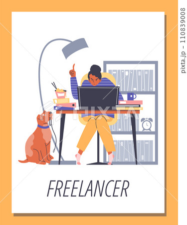 Freelancer girl working remotely at laptop in home office and dog wait for walk 110839008
