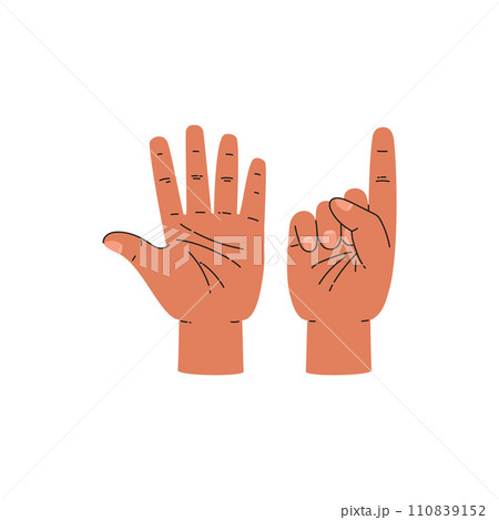 Fingers sign six 6 number on two hands, communication gesture, vector count infographic 5 plus 1, hands gesture 110839152