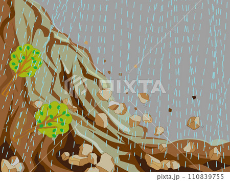 大雨で崖崩れが発生したイラスト素材です。 大雨で崖崩れが発生したイラスト素材です。 110839755