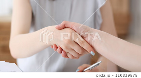 Business woman and woman shake hands Business woman and woman shake hands 110839878