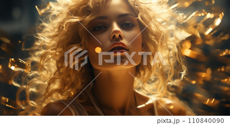 Fashion editorial Concept. Stunning golden hair beautiful woman girl high fashion striking gold glitter shimmer. illuminated with dynamic composition and dramatic lighting Fashion editorial Concept. Stunning golden hair beautiful woman girl high fashion striking gold glitter shimmer. illuminated with dynamic composition and dramatic lighting 110840090