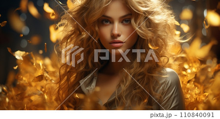 Fashion editorial Concept. Stunning golden hair beautiful woman girl high fashion striking gold glitter shimmer. illuminated with dynamic composition and dramatic lighting Fashion editorial Concept. Stunning golden hair beautiful woman girl high fashion striking gold glitter shimmer. illuminated with dynamic composition and dramatic lighting 110840091