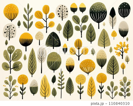 北欧風のシンプルな花とリーフ柄 黄色系 イラストセット 110840310