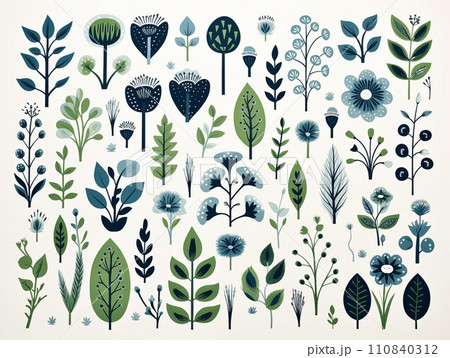 北欧風のシンプルな花とリーフ柄 緑系 イラストセット 110840312