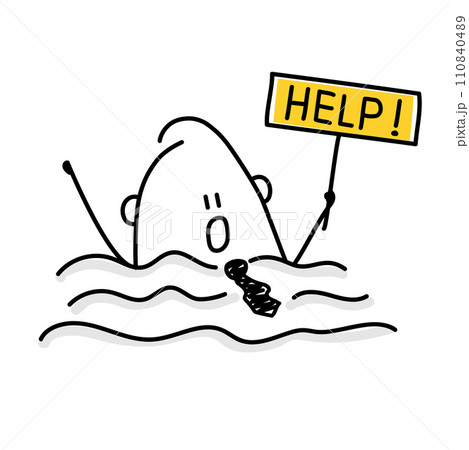 Stick figure, helpless businessman drowning. Stick figure, helpless businessman drowning. 110840489