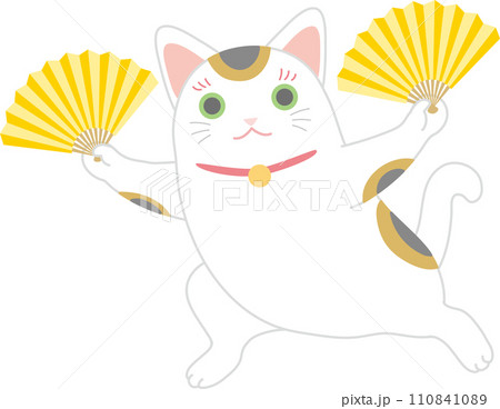 扇子を持って踊る招き猫_両手の扇子を左右に広げて腰を落としてビシッとポーズ 110841089