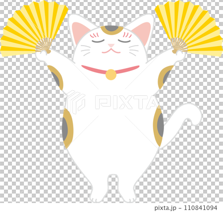 扇子を持って踊る招き猫_両手に扇子_目を閉じて背伸び 110841094