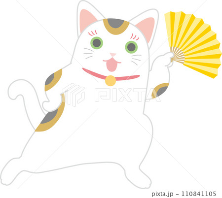 扇子を持って踊る招き猫_左手に扇子を持って右手は腰に当ててポーズをとる招き猫 扇子を持って踊る招き猫_左手に扇子を持って右手は腰に当ててポーズをとる招き猫 110841105