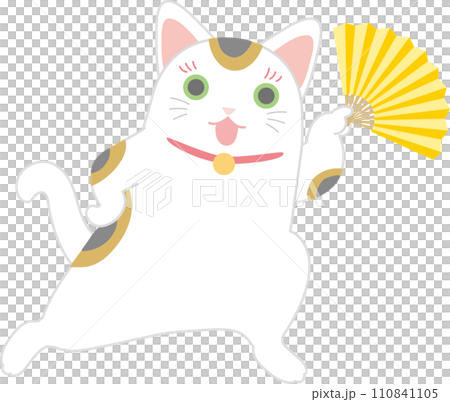 扇子を持って踊る招き猫_左手に扇子を持って右手は腰に当ててポーズをとる招き猫 扇子を持って踊る招き猫_左手に扇子を持って右手は腰に当ててポーズをとる招き猫 110841105