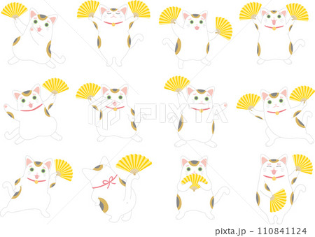 扇子を持って踊る招き猫_セット 110841124