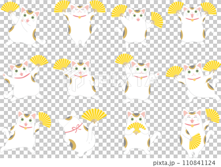 扇子を持って踊る招き猫_セット 110841124