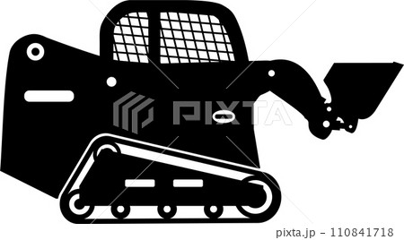 Silhouette of Skid Steer Loader with Bucket and Track Icon in Flat Style. Vector Illustration 110841718