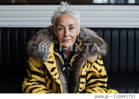 Portrait of an elderly woman in a yellow fur coat sitting on a bench. Portrait of an elderly woman in a yellow fur coat sitting on a bench. 110841751