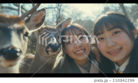 AI画像生成　鹿と記念撮影する修学旅行生 110842299