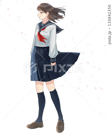 桜吹雪と女子学生のイラスト素材　全身　背景透過　 110842350