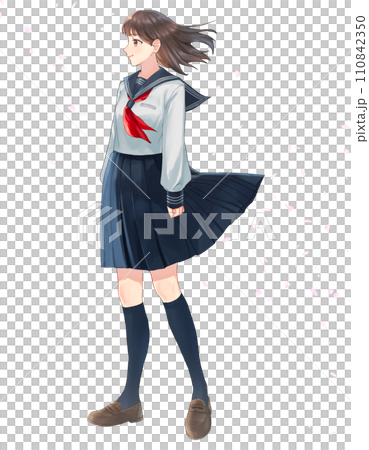 桜吹雪と女子学生のイラスト素材　全身　背景透過　 110842350
