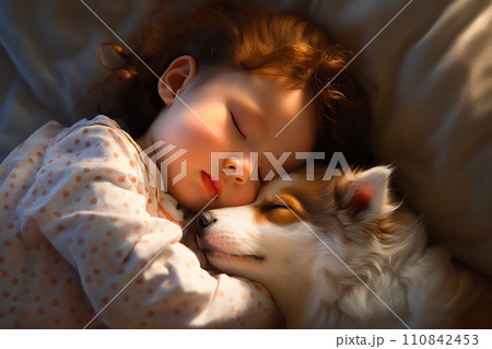 愛犬を抱いて眠る子供 110842453
