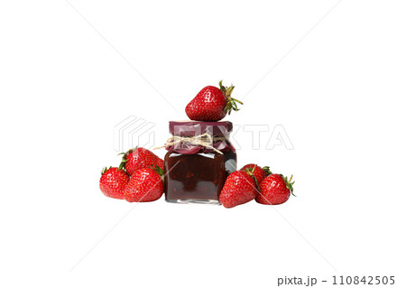 PNG,Fresh strawberries with strawberry jam in a jar, isolated on white background 110842505