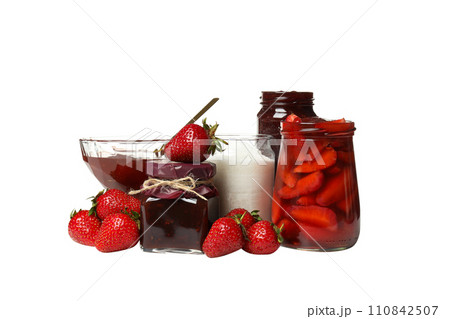 PNG,Fresh strawberries with strawberry jam in a jar, isolated on white background 110842507