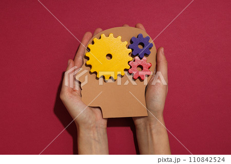 Paper human head with gears on a red background 110842524