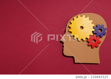 Paper human head with gears on a red background 110842525