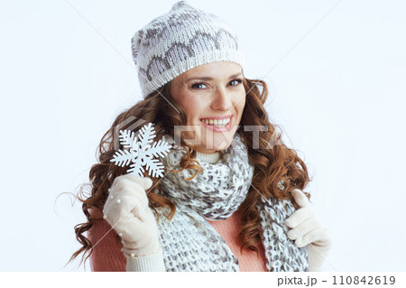 smiling trendy female in sweater, mittens, hat and scarf on 110842619