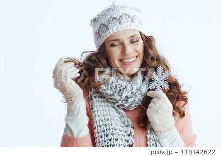 smiling stylish woman in sweater, mittens, hat and scarf on smiling stylish woman in sweater, mittens, hat and scarf on 110842622