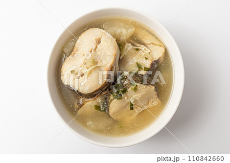 Cod soup on a white background Cod soup on a white background 110842660