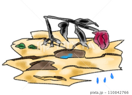 ヒビ割れた大地と乾燥した花 110842766