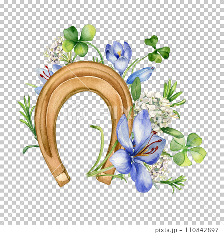 Lucky symbol horseshoe and crocus watercolor illustration isolated on white. Painted shamrock with flowers. Irish symbol four leaves clover hand drawn. Design for St.Patricks day,Easter, springtime 110842897