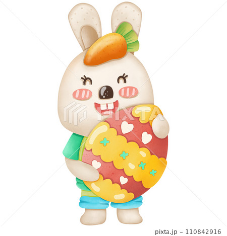 Watercolor painting of cartoon rabbit holding eggs during Easter festival Watercolor painting of cartoon rabbit holding eggs during Easter festival 110842916