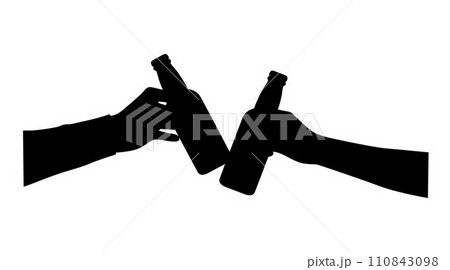Two man drinking beer, two people clink beer bottles together, hand with beer silhouette Two man drinking beer, two people clink beer bottles together, hand with beer silhouette 110843098