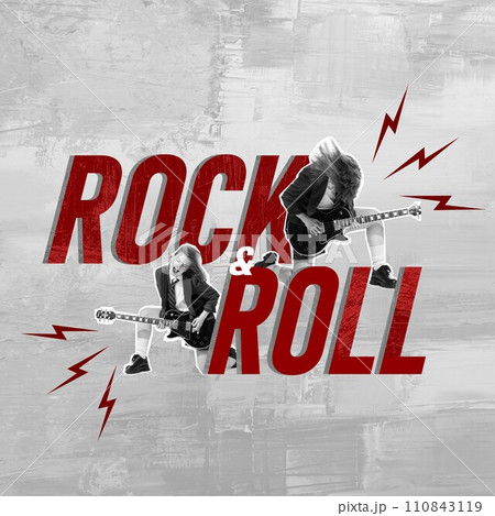 Poster. Contemporary art collage. Bold ROCK ROLL text with lightning and monochrome female guitarist on textured grey background. 110843119